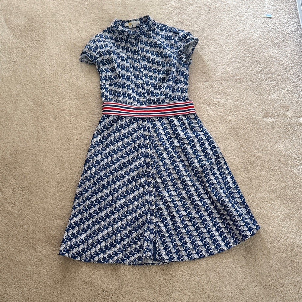Boden Blue Flamingo Print Shirt Dress – Size US 6  With Striped Ribbon Belt